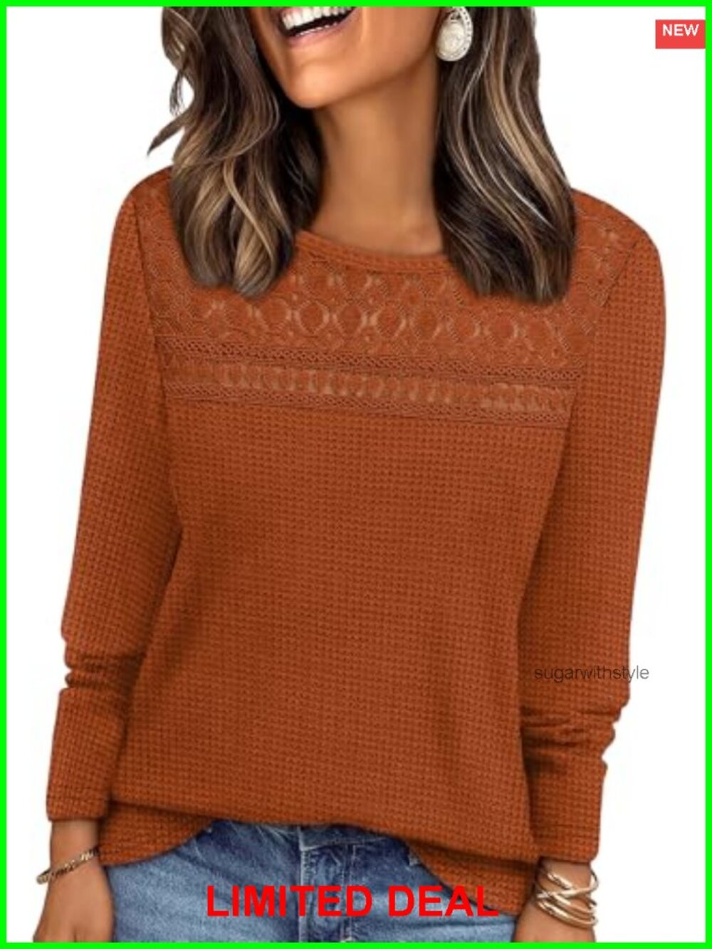 Womens Lace Long Sleeve Blouse Waffle Knit Dressy Casual Lightweight Top